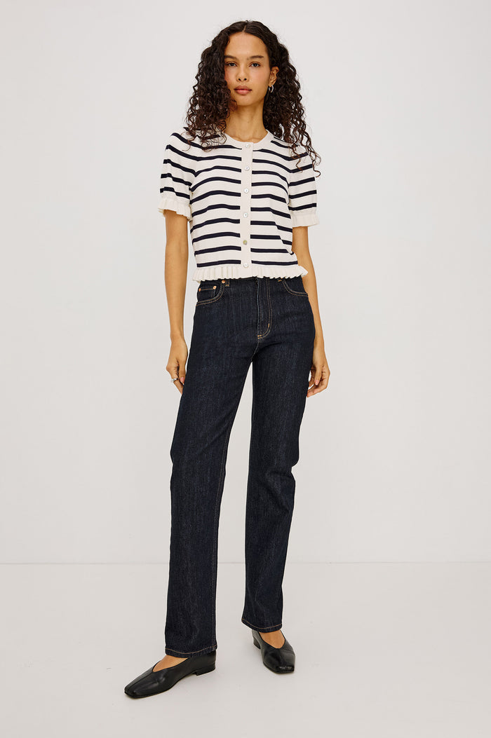 Lora Top in Wool Blend With Front Buttons, and Ruffle-Trimmed Short Puff Sleeves and Hem in Ivory Navy Stripe Colorway - Full Body Front View Featured on Model