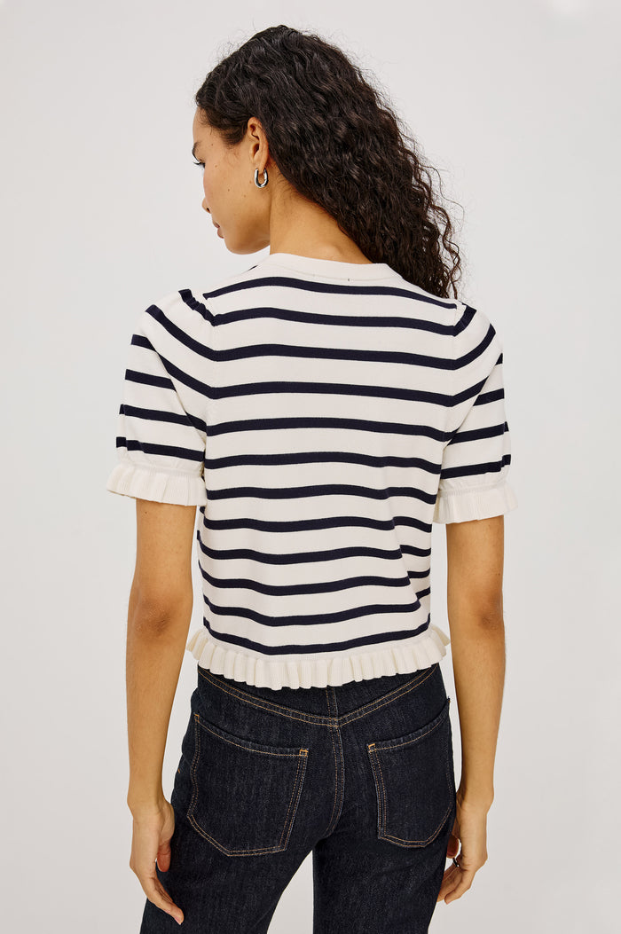 Lora Top in Wool Blend With Front Buttons, and Ruffle-Trimmed Short Puff Sleeves and Hem in Ivory Navy Stripe Colorway - Upper Body Back View Featured on Model