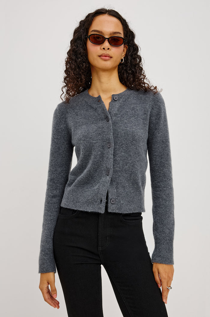Matilda Cardigan in Wool-Blend Knit WIth Relaxed Slightly Cropped Fit, Crew Neck, Front Buttons, and Ribbed Trim in Charcoal Colorway - Upper Body Front View Featured on Model