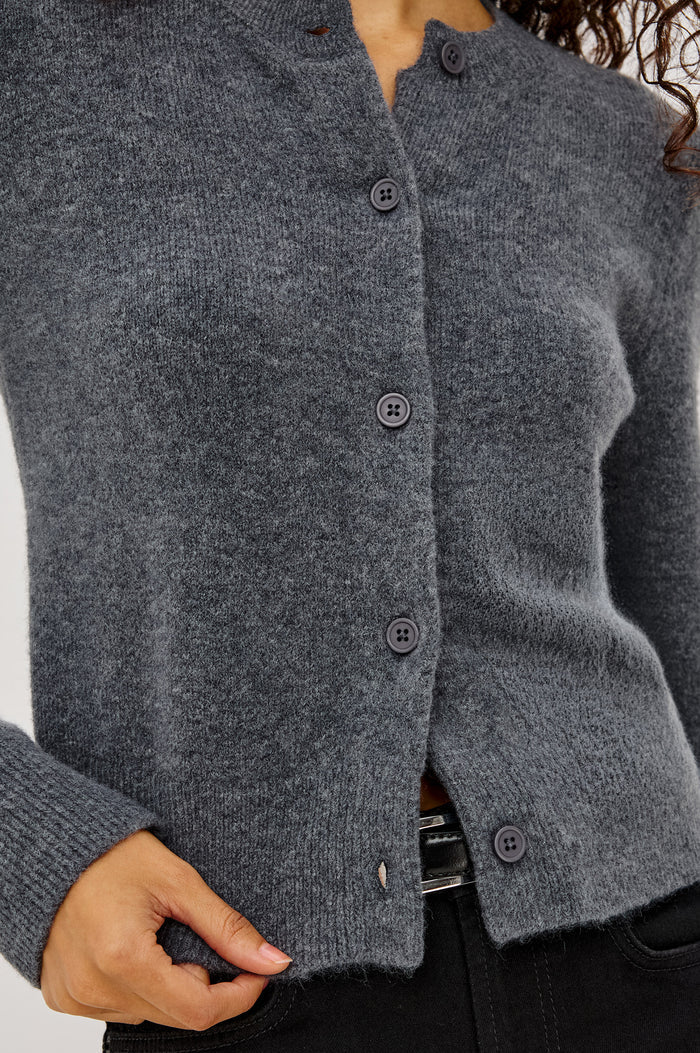 Matilda Cardigan in Wool-Blend Knit WIth Relaxed Slightly Cropped Fit, Crew Neck, Front Buttons, and Ribbed Trim in Charcoal Colorway - Upper Body Front View Featured on Model