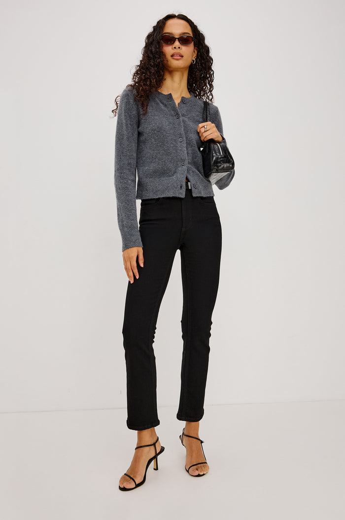 Matilda Cardigan in Wool-Blend Knit WIth Relaxed Slightly Cropped Fit, Crew Neck, Front Buttons, and Ribbed Trim in Charcoal Colorway - Full Body Front View Featured on Model