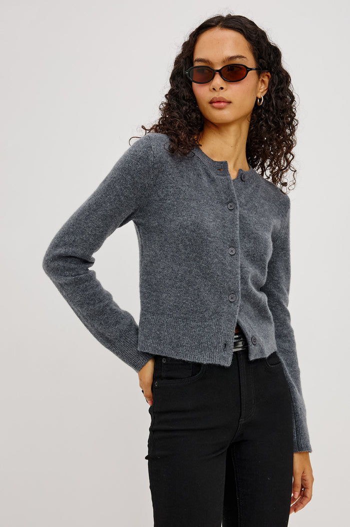 Matilda Cardigan in Wool-Blend Knit WIth Relaxed Slightly Cropped Fit, Crew Neck, Front Buttons, and Ribbed Trim in Charcoal Colorway - Upper Body Front View Featured on Model