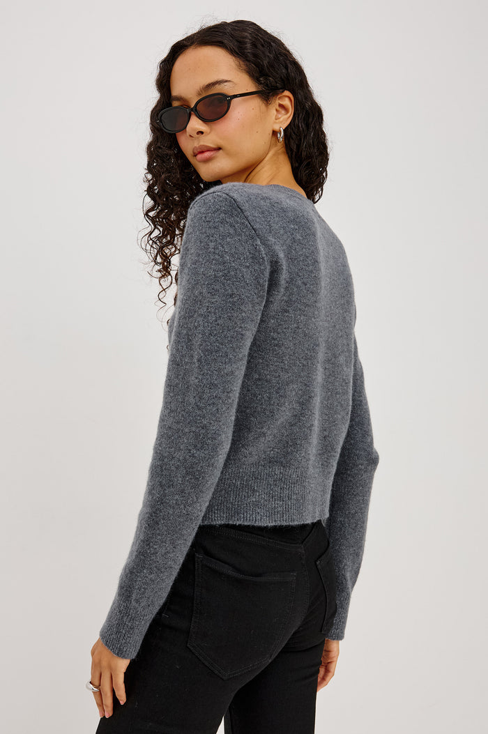 Matilda Cardigan in Wool-Blend Knit WIth Relaxed Slightly Cropped Fit, Crew Neck, Front Buttons, and Ribbed Trim in Charcoal Colorway - Upper Body Back View Featured on Model