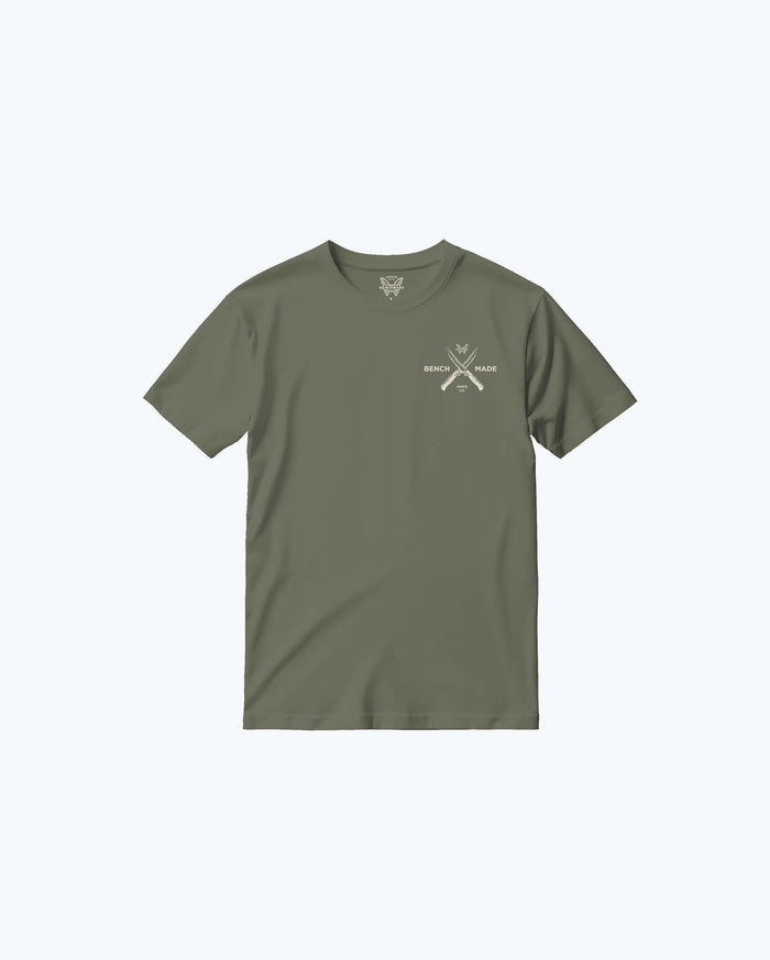 Olive Green Meatcrafter SS Mens Tee - Front View with Crossed Knives Logo | Benchmade Knife Co.