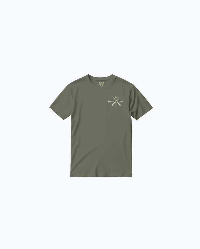 Olive Green Meatcrafter SS Mens Tee - Front View Flat Lay with Chest Logo | Benchmade Knife Co.