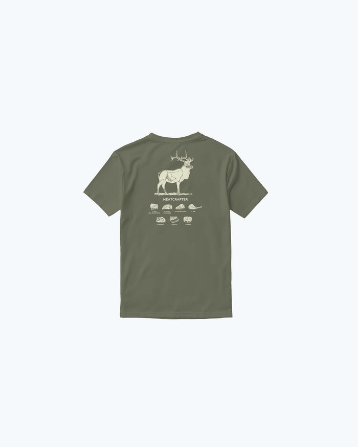 Olive Green Meatcrafter SS Mens Tee - Back View with Elk Butcher Chart Diagram | Benchmade Knife Co.