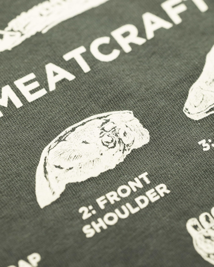 Olive Green Meatcrafter Tee - Close-Up Detail of Elk Shoulder Cut Butcher Diagram | Benchmade Knife Co.