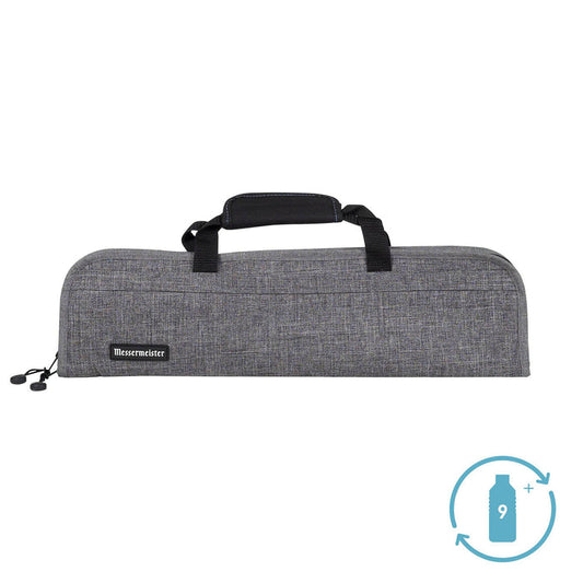 Gray knife roll with black handle on a white background