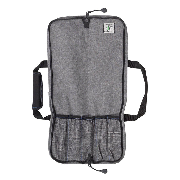 Gray knife roll interior with black straps on a white background