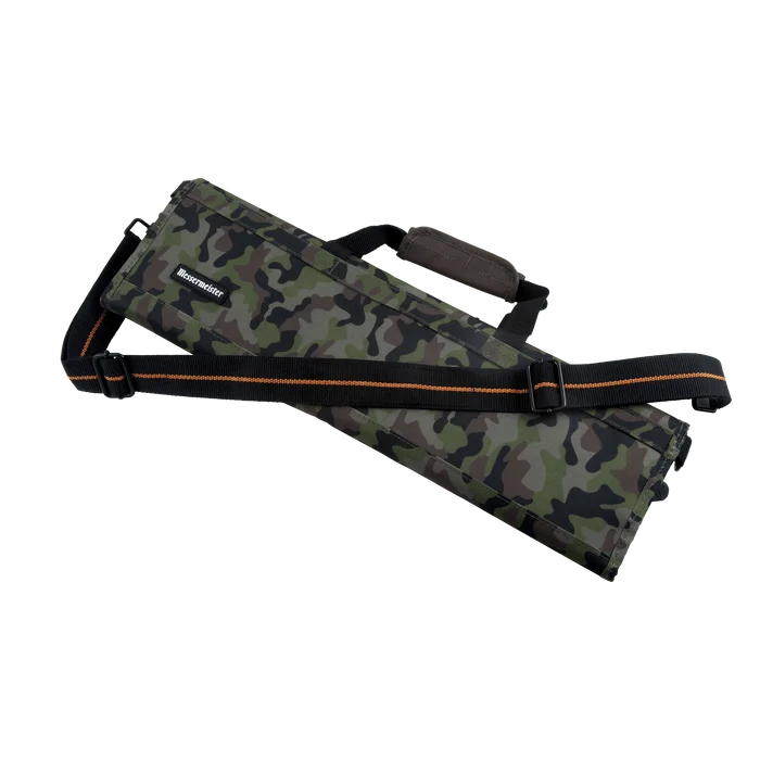 Camouflage knife roll with orange accents on a white background