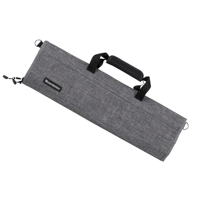 Gray fabric knife roll with black handles on a white background.