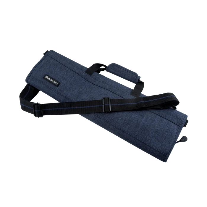 Navy Blue knife carrier bag with black strap on a white background.