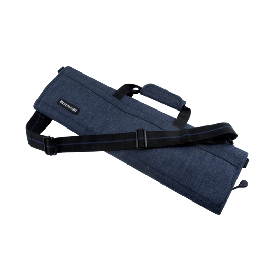 Navy Blue knife carrier bag with black strap on a white background.