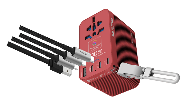 MICRODIA 1WorldAdapter™ PD100W GaN Pro™ World Travel Power Adapter with Detachable 100W USB-C Charge & Sync Cable, 3 x USB-C PD3.2 & 1 x USB-A QC4+, PPS Fast Charging Microdia