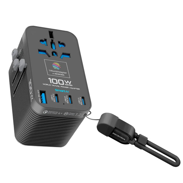 MICRODIA 1WorldAdapter™ PD100W GaN Pro™ World Travel Power Adapter with Detachable 100W USB-C Charge & Sync Cable, 3 x USB-C PD3.2 & 1 x USB-A QC4+, PPS Fast Charging Microdia