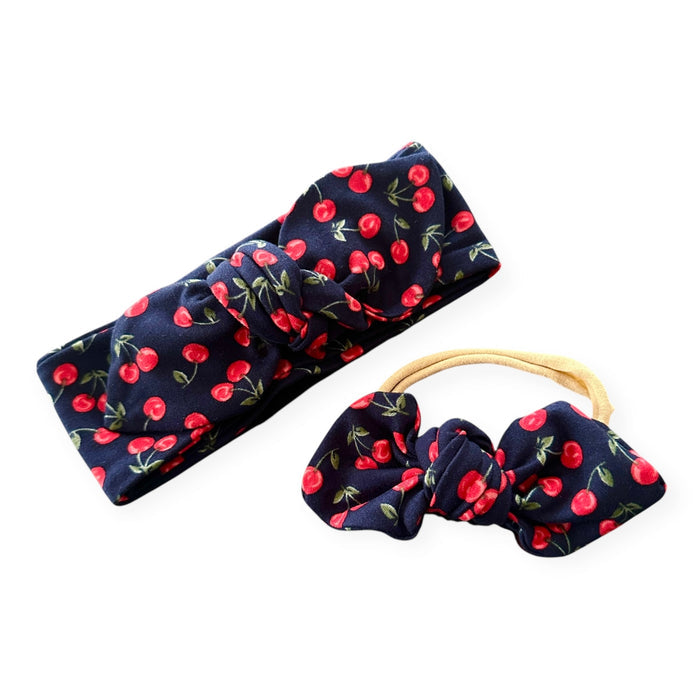 Midnight Cherries Headband Set - Baby & Toddler Hair Accessories | Handmade Cherry Print Headbands | Top Knot, Tiny Knot, or Clip Options | Soft & Stretchy Baby Girl Bow | Newborn Headband, Infant Hair Bow, Kids Hair Clip