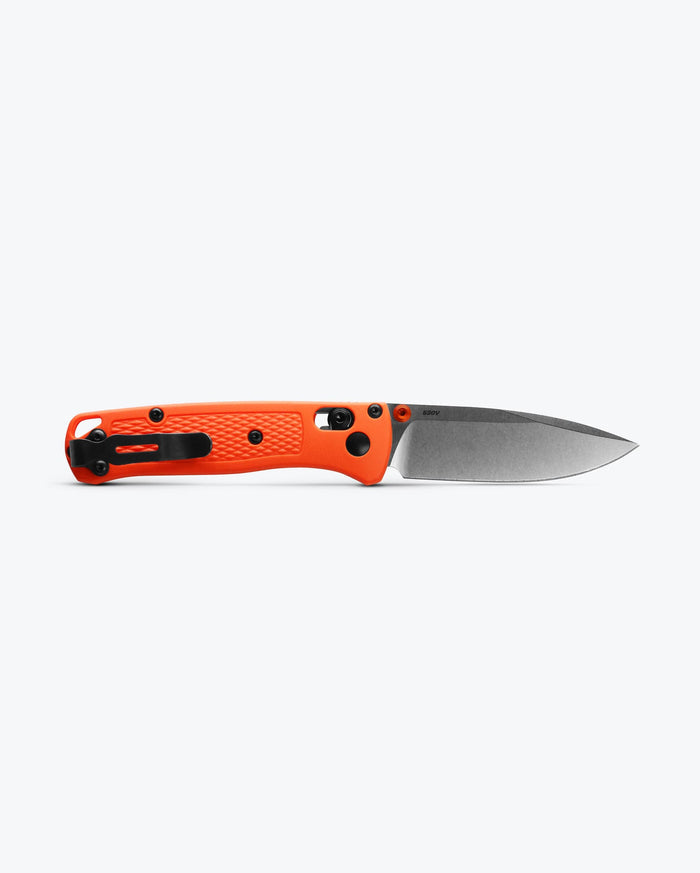 Mini Bugout® Orange Grivory® knife back side open - Benchmade Knife Co.