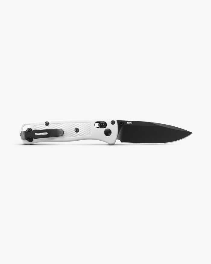 Mini Bugout® White Grivory® - Back View Open Position AXIS Lock | Benchmade Knife Co.