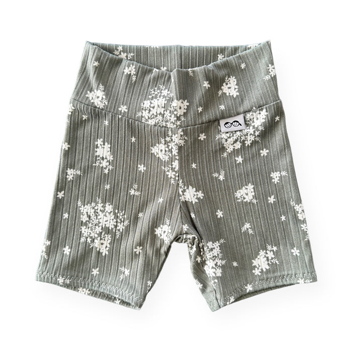 Minimal Floral Olive Ribbed Biker Shorts