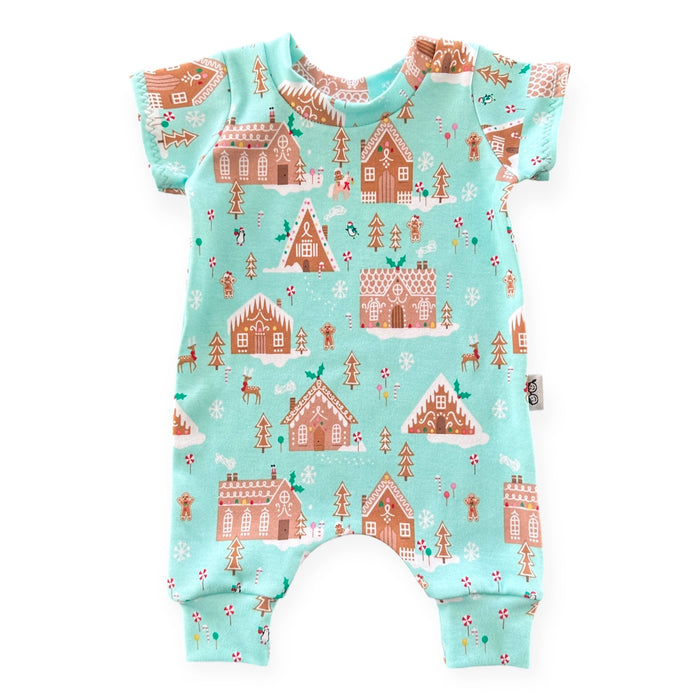Mint Gingerbread Village Harem Romper