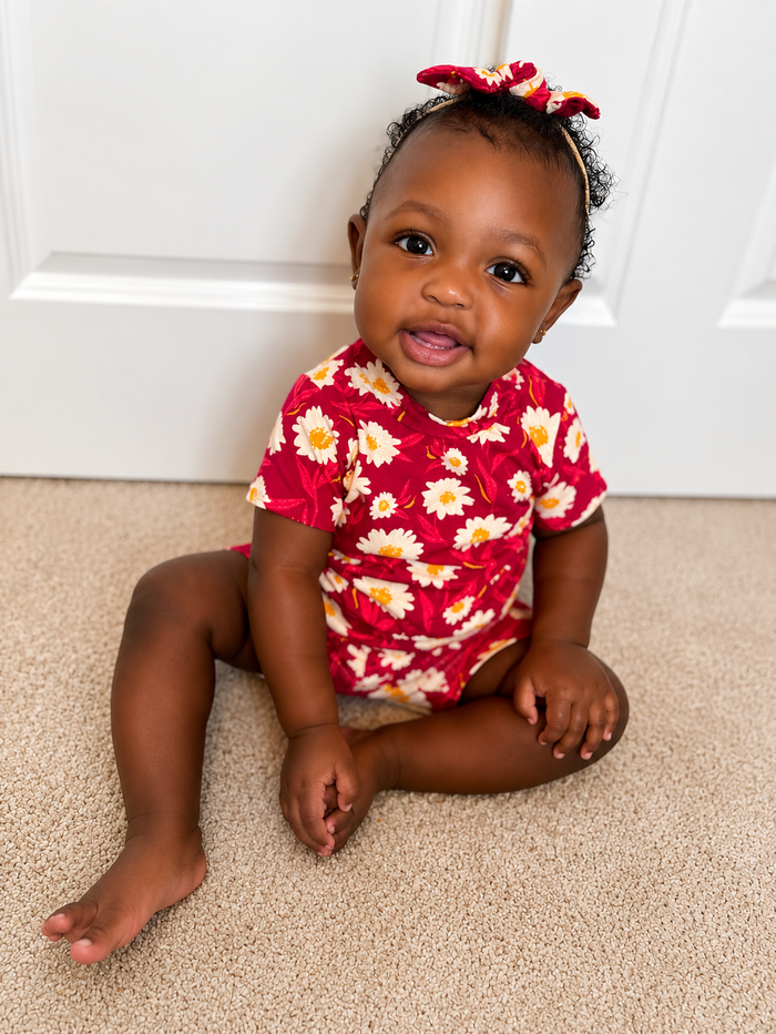 Mums Flowers on Burgundy Biker Shorts Lounge Set