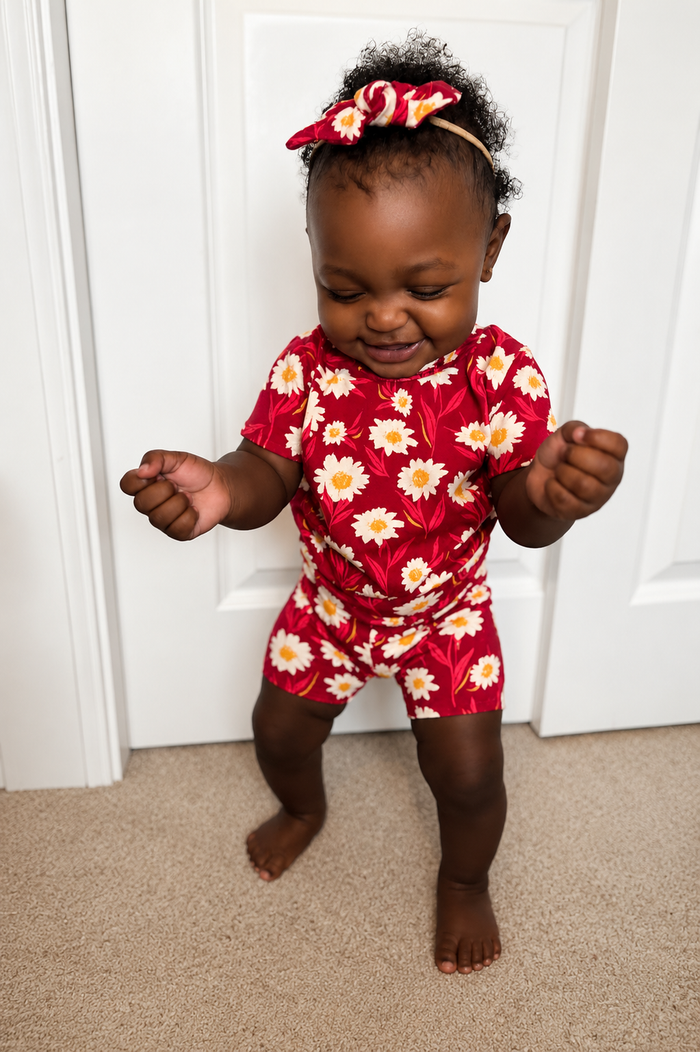 Mums Flowers on Burgundy Biker Shorts Lounge Set