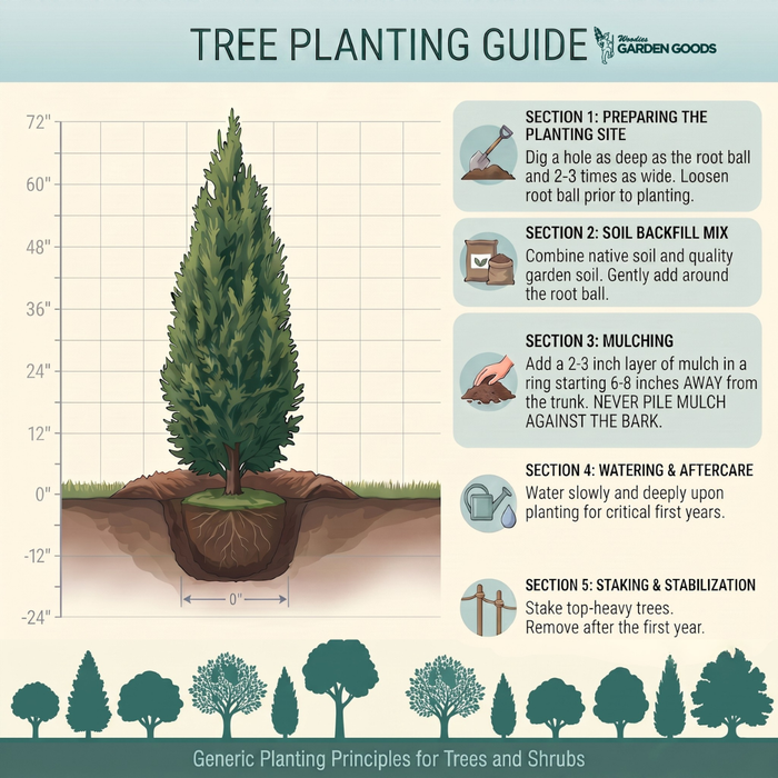 An educational infographic titled 'TREE PLANTING GUIDE' from Garden Goods, showing a cross-section diagram of a tree with depth measurements and five numbered steps for planting: preparing the site, soil backfill mix, mulching, watering, and staking.