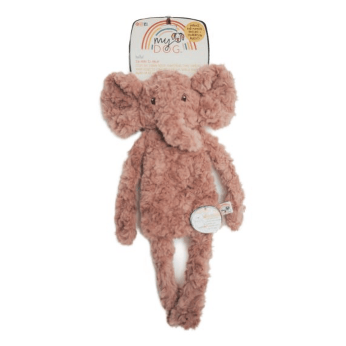 Dusky pink elephant shaped dog toy with long arms and legs, stitched detail eyes with tags attached to top and mid-section. Pictured on a white background.