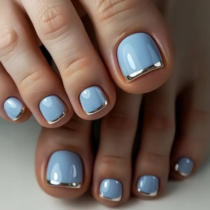 NA108 - Light Blue Silver French-Style Toenails
