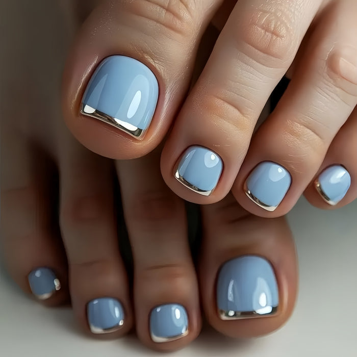 NA108 - Light Blue Silver French-Style Toenails