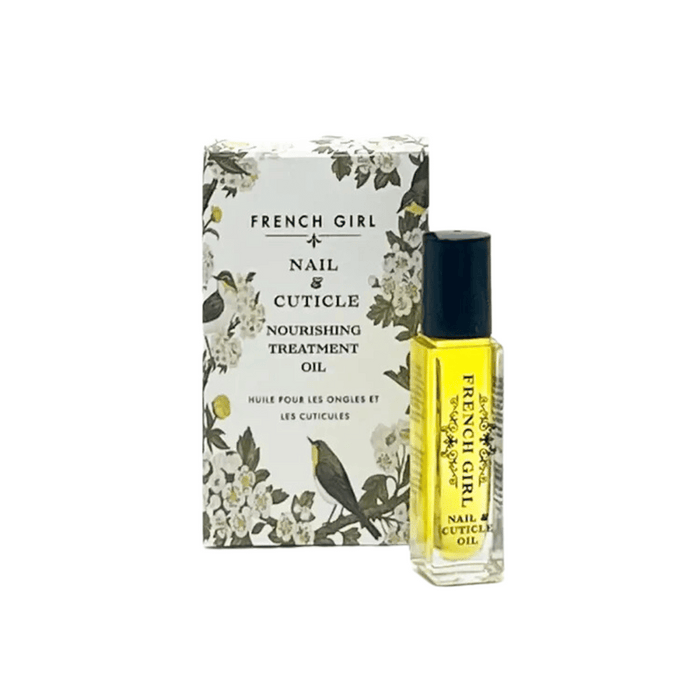 Bottle of Nail & Cuticle Oil | French Girl nourishing treatment oil with floral and bird-themed packaging for skincare and body care wellness.