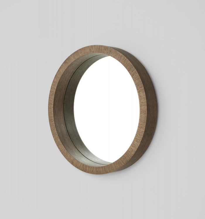 Beautiful, elegant round mirror with a stand out wooden frame.