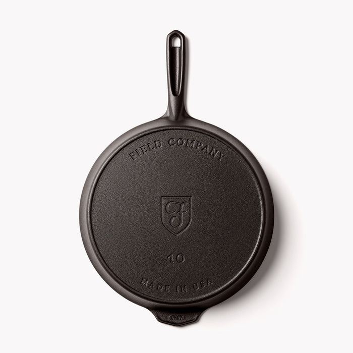 Underside of the No.10 Cast Iron Skillet showing the Field Company and Made in USA stamps