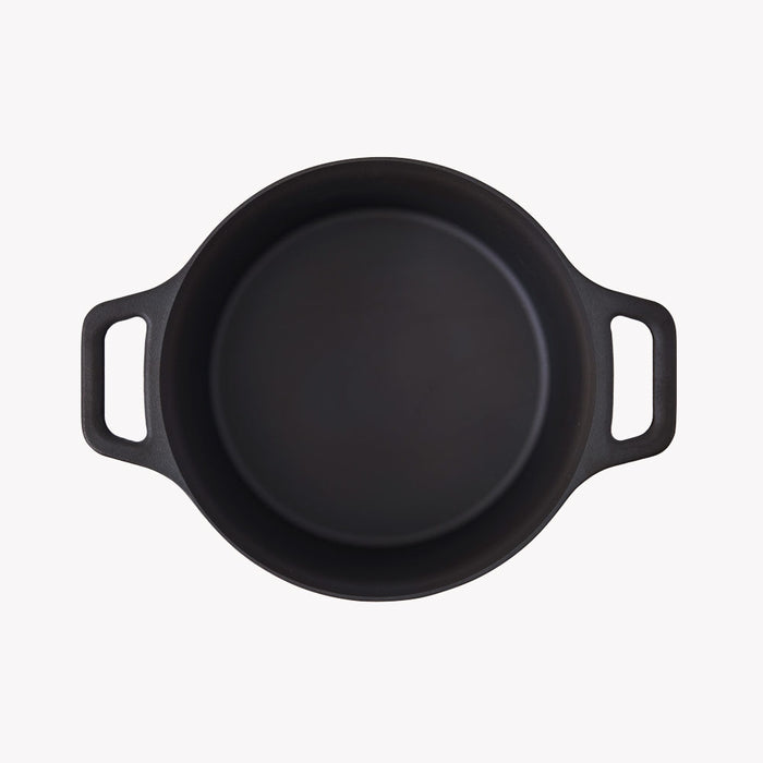 Overhead view of the uncovered No.8 Field Cast Iron Dutch Oven with cast loop handles on both sides