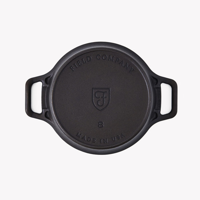 Underside of the No.8 Cast Iron Dutch Oven showing the Field Company and Made in USA stamps