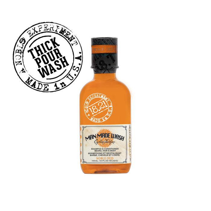 Bottle of 'Man Made Wash' with a black and white label on a white background