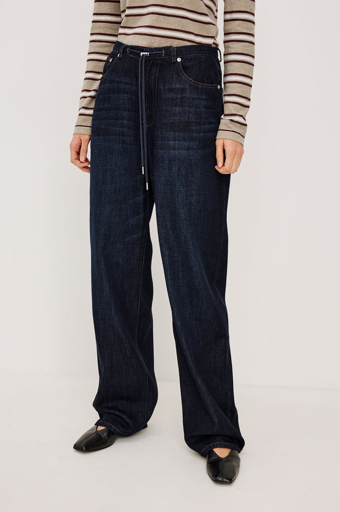 Normandie Pant in Cotton-Lyocell Blend With Relaxed Wide Legs, Drawstring Waistband, Zip Fly, and 5-Pockets in Rinse Wash Colorway -