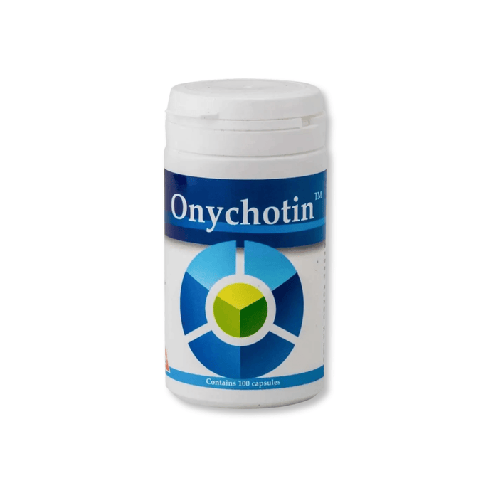 A white plastic bottle of Onychotin capsules for dogs with a blue and white label, shown on a plain white background.