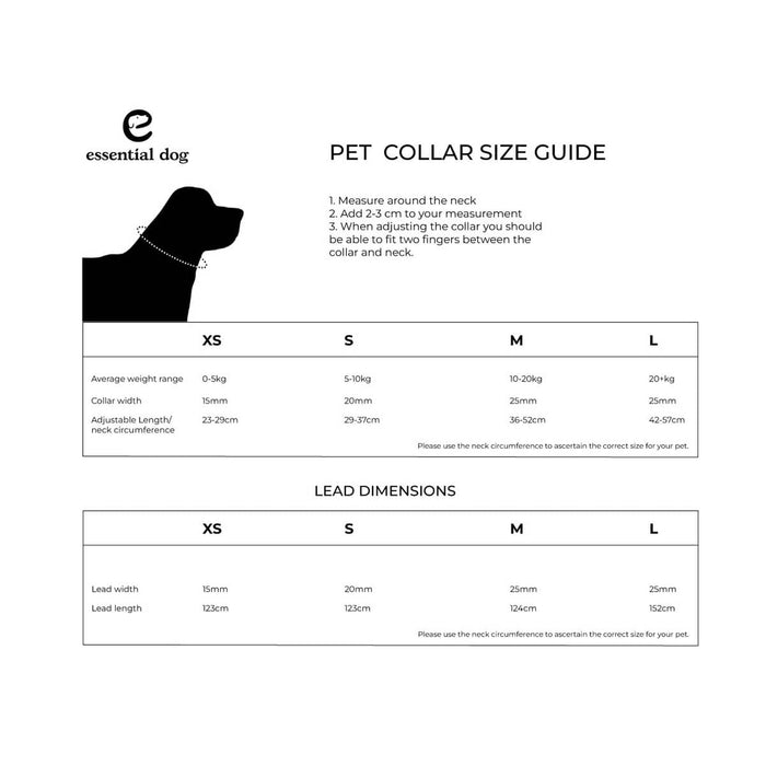 Pet collar size guide with measurements for XS, S, M, and L sizes.