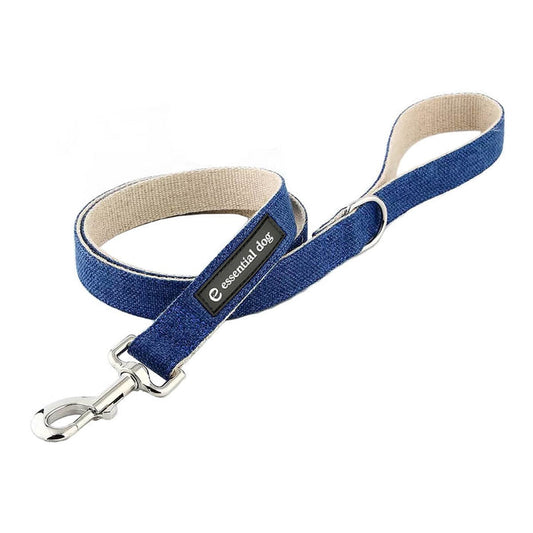 Blue dog leash with beige handle and 'essential dog' label on a white background.