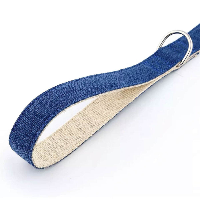 Blue and beige dog leash on a white background.