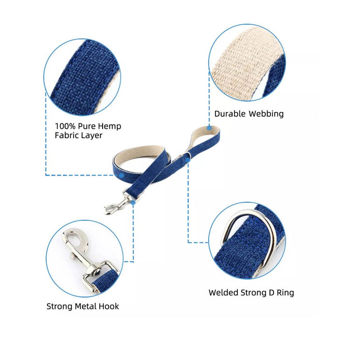 Blue dog leash with close-up details on fabric, webbing, metal hook, and D-ring.