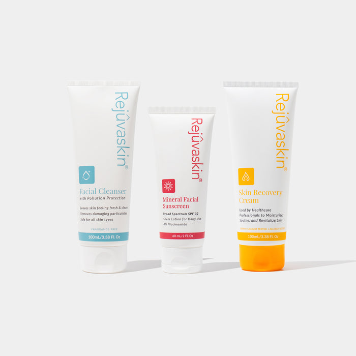 Three Rejuvaskin skincare products on a white background
