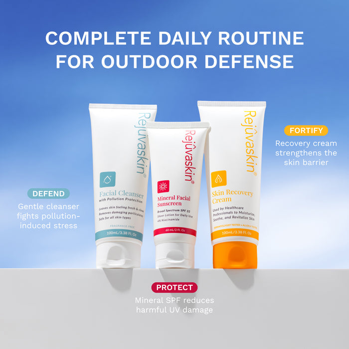 Three skincare products with labels on a blue sky background