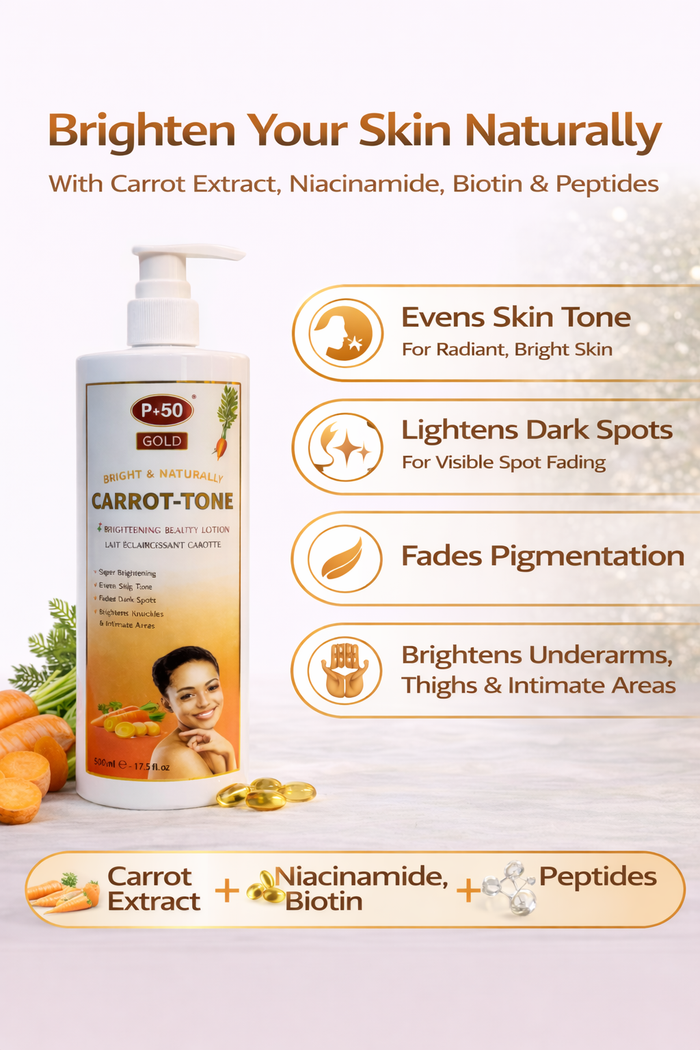 P+50 GOLD Carrot Tone Brightening Body Lotion 500ml | Niacinamide Glow Lotion for Even Skin Tone & Dark Spots | Hydrating Body Care UK