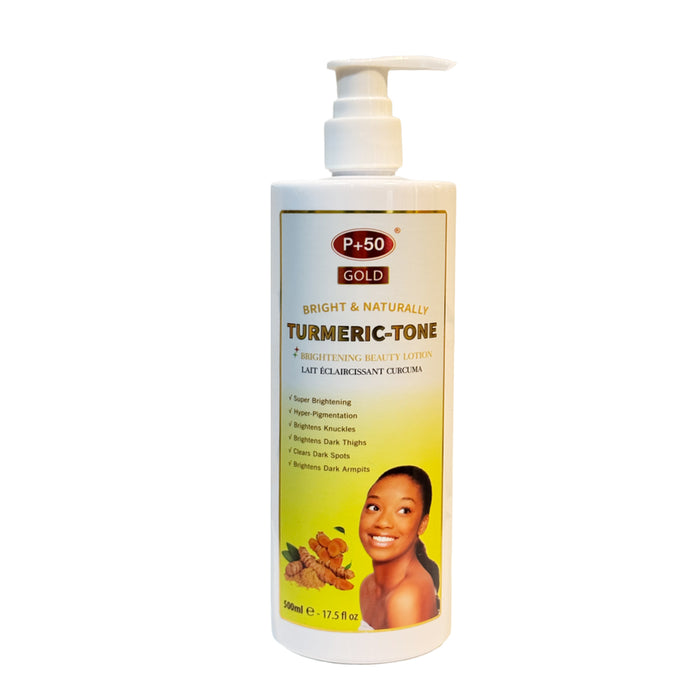 P+50 GOLD skin body lotion with turmeric and niacinamide white bottle