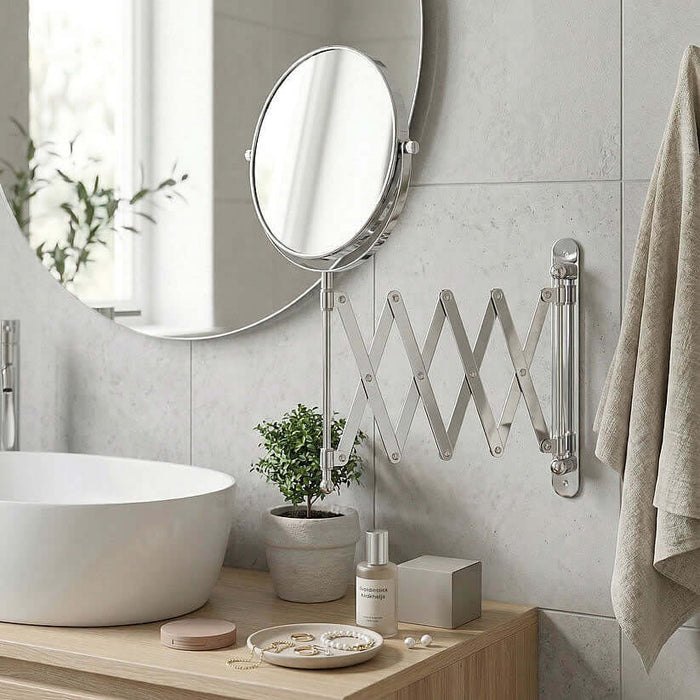 Pantograph Extension Makeup Mirror - 7x/1x Reversible, in Polished Chrome or Matte Black