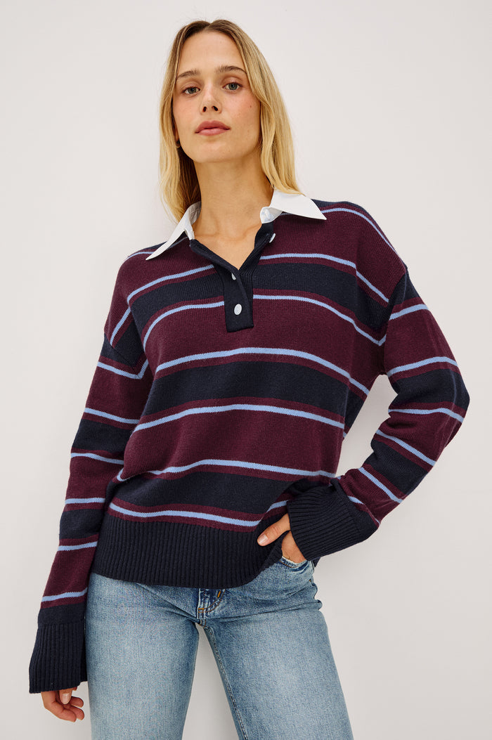 Paxton Sweater in Cotton-Cashmere Blend With Poplin Collar, 4-Button Placket, Relaxed Fit, and Ribbed Trim in Boysenberry Stripe Colorway - Upper Body Front View Featured on Model
