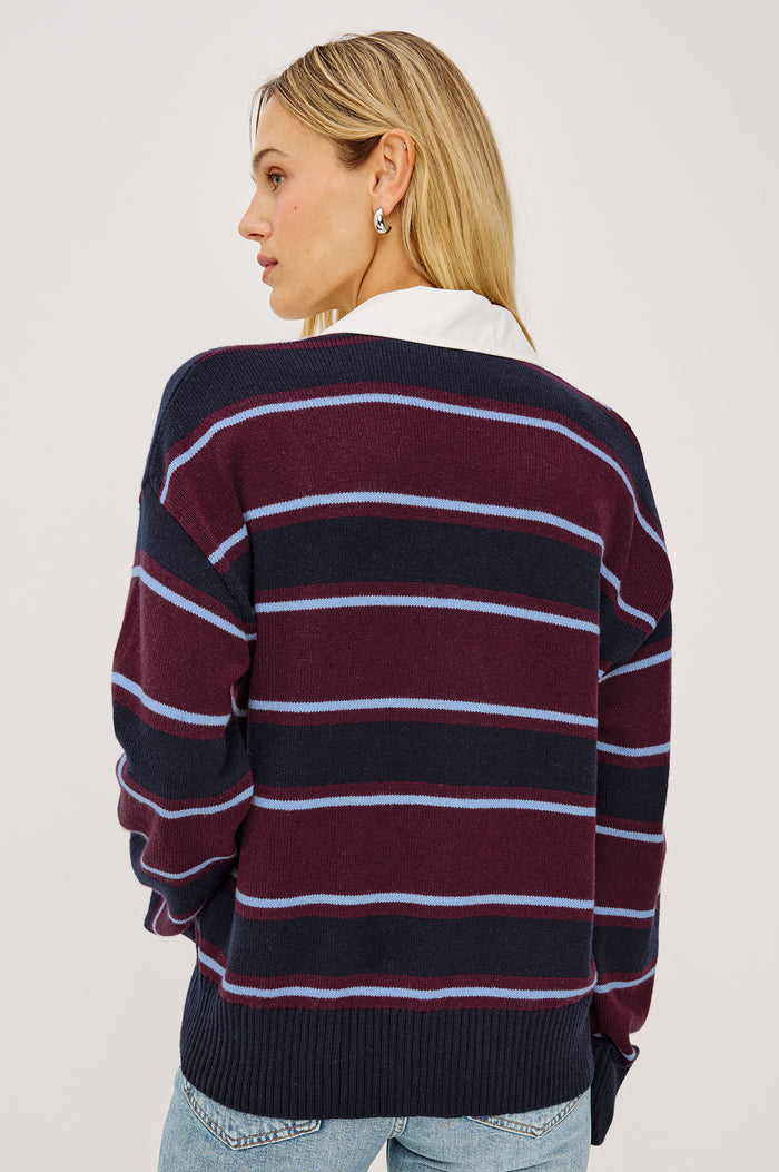 Paxton Sweater in Cotton-Cashmere Blend With Poplin Collar, 4-Button Placket, Relaxed Fit, and Ribbed Trim in Boysenberry Stripe Colorway - Upper Body Back View Featured on Model
