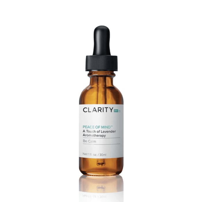 Amber glass dropper bottle labeled Peace Of Mind™ Be Calm | ClarityRx featuring lavender aromatherapy for wellness and relaxation.
